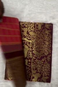 Peach Checked Banarasi Soft Silk Saree with Maroon Jungle Animal Zari Border and Gold Pallu  in Surat video 1