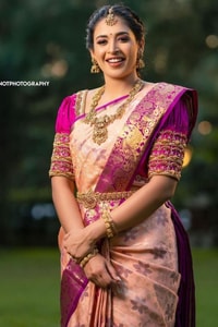 Peach Pink Banarasi Soft Silk Saree with Magenta Brocade Border and Zari Paisley Pallu  in Surat