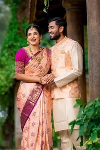 Peach Pink Banarasi Soft Silk Saree with Magenta Brocade Border and Zari Paisley Pallu  in Surat