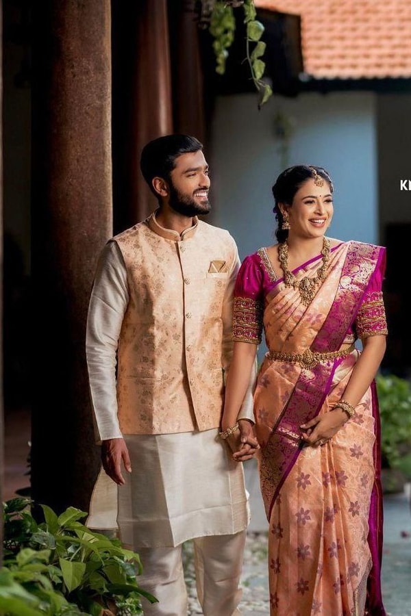 Peach Pink Banarasi Soft Silk Saree with Magenta Brocade Border and Zari Paisley Pallu  in Surat