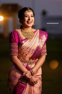 Peach Pink Banarasi Soft Silk Saree with Magenta Brocade Border and Zari Paisley Pallu  in Surat