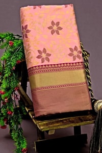Peach Pink Banarasi Soft Silk Saree with Magenta Brocade Border and Zari Paisley Pallu  in Surat
