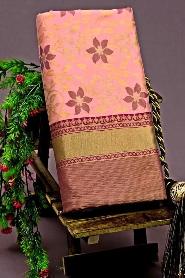 Peach Pink Banarasi Soft Silk Saree with Magenta Brocade Border and Zari Paisley Pallu  in Surat