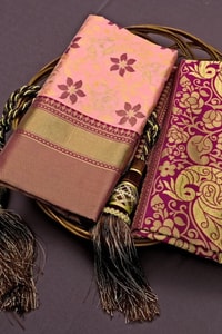 Peach Pink Banarasi Soft Silk Saree with Magenta Brocade Border and Zari Paisley Pallu  in Surat