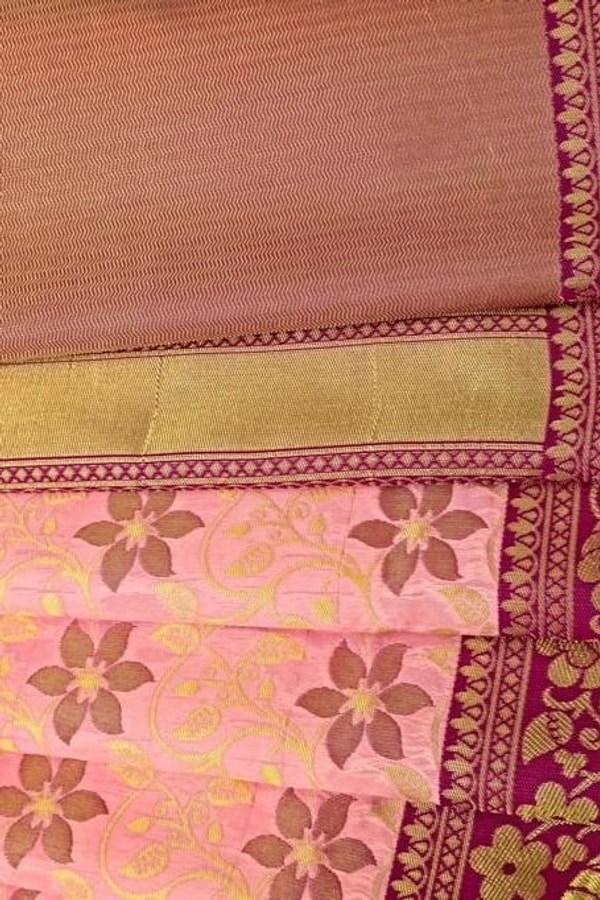 Peach Pink Banarasi Soft Silk Saree with Magenta Brocade Border and Zari Paisley Pallu  in Surat