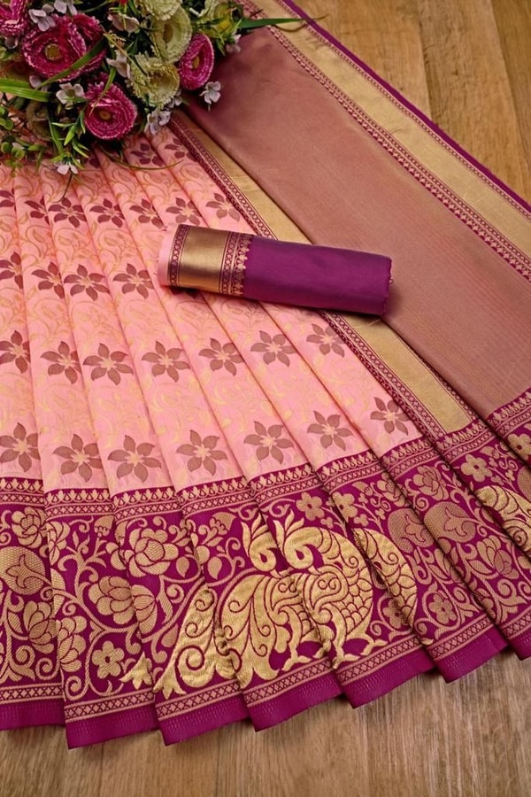 Peach Pink Banarasi Soft Silk Saree with Magenta Brocade Border and Zari Paisley Pallu  in Surat