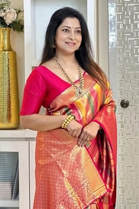 Peach and Pink Zari Woven Saree with Diagonal Multi-Colour Stripes and Rich Pallu  in Surat