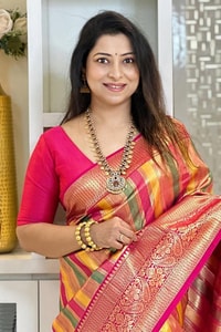 Peach and Pink Zari Woven Saree with Diagonal Multi-Colour Stripes and Rich Pallu  in Surat
