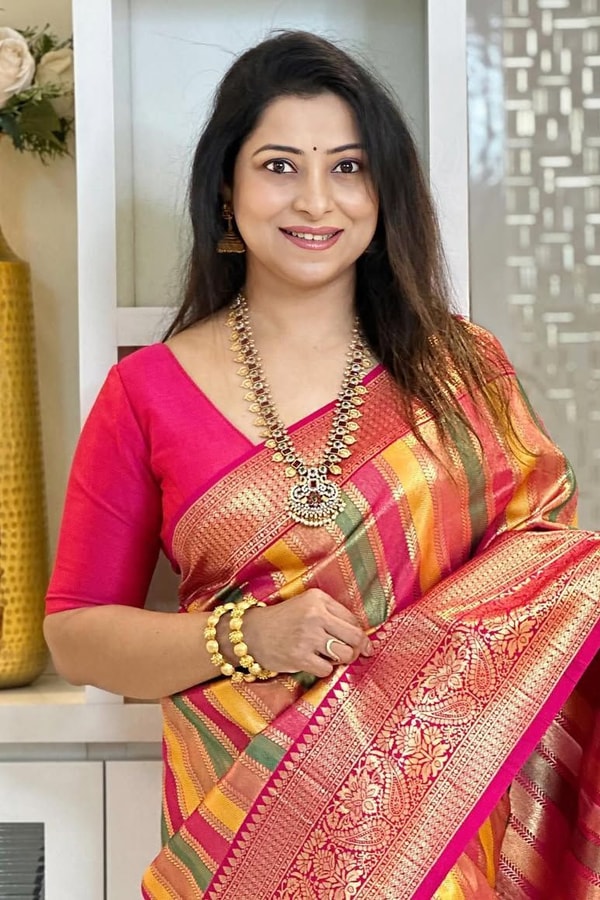Peach and Pink Zari Woven Saree with Diagonal Multi-Colour Stripes and Rich Pallu  in Surat