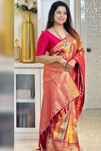 Peach and Pink Zari Woven Saree with Diagonal Multi-Colour Stripes and Rich Pallu  in Surat
