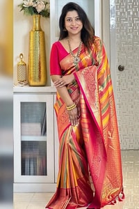 Peach and Pink Zari Woven Saree with Diagonal Multi-Colour Stripes and Rich Pallu  in Surat