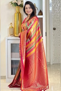 Peach and Pink Zari Woven Saree with Diagonal Multi-Colour Stripes and Rich Pallu  in Surat