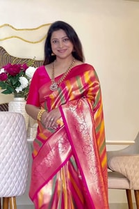 Peach and Pink Zari Woven Saree with Diagonal Multi-Colour Stripes and Rich Pallu  in Surat video 1