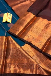 Peacock Blue Banarasi Soft Silk Saree with Copper Zari Buttis and Heavy Copper Pallu  in Surat