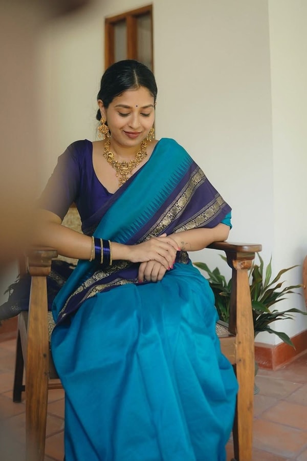Peacock Blue Banarasi Soft Silk Saree with Navy Temple Border and Gold Zari Woven Pallu  in Surat
