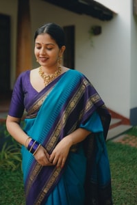 Peacock Blue Banarasi Soft Silk Saree with Navy Temple Border and Gold Zari Woven Pallu  in Surat