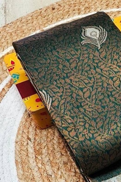 Peacock Pallu Banarasi Soft Silk Saree with Peacock Feather Buttas in Eleven Colourways in Surat