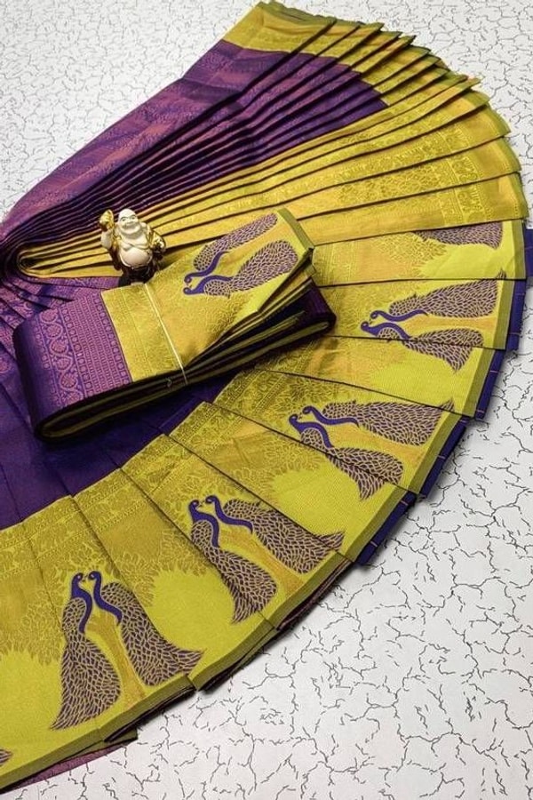 Peacock Pallu Banarasi Soft Silk Saree with Peacock Feather Buttas in Eleven Colourways  in Surat