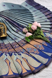 Peacock Pallu Banarasi Soft Silk Saree with Peacock Feather Buttas in Eleven Colourways  in Surat