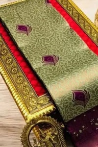 Peacock Pallu Banarasi Soft Silk Saree with Peacock Feather Buttas in Eleven Colourways  in Surat