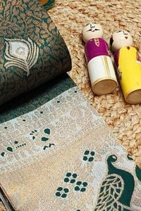 Peacock Pallu Banarasi Soft Silk Saree with Peacock Feather Buttas in Eleven Colourways  in Surat