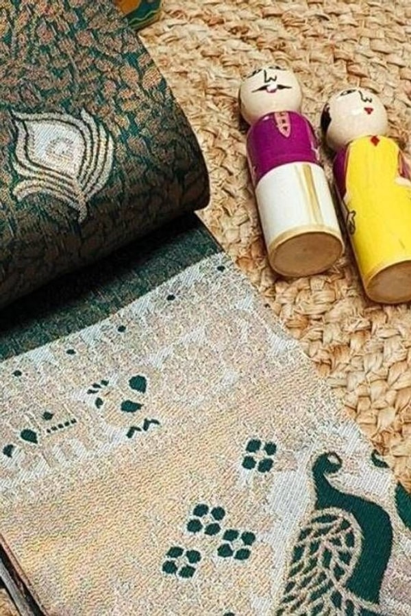 Peacock Pallu Banarasi Soft Silk Saree with Peacock Feather Buttas in Eleven Colourways  in Surat