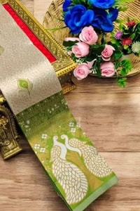 Peacock Pallu Banarasi Soft Silk Saree with Peacock Feather Buttas in Eleven Colourways  in Surat