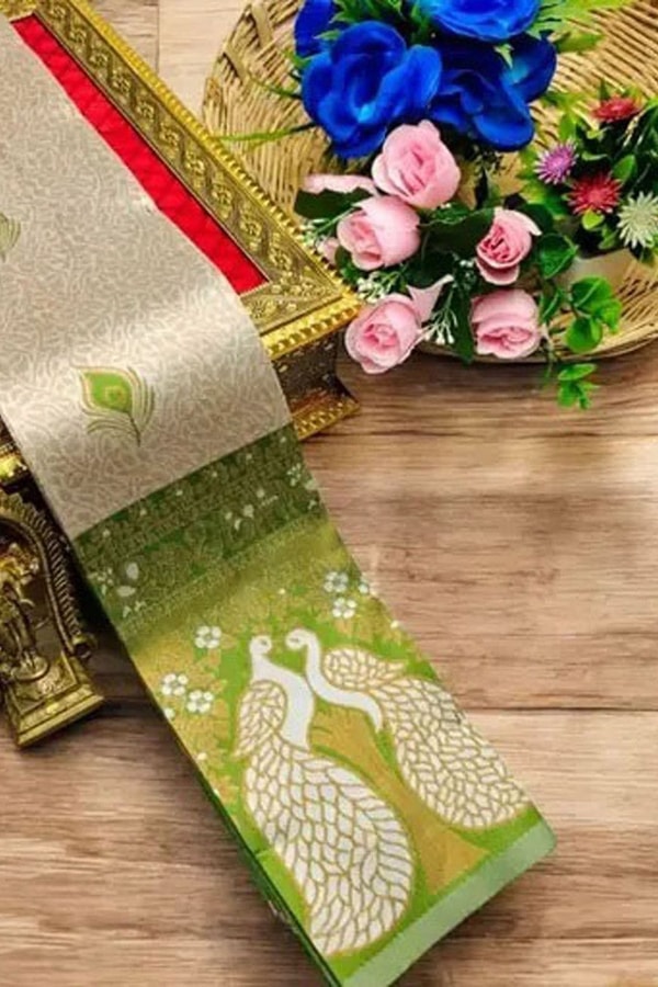 Peacock Pallu Banarasi Soft Silk Saree with Peacock Feather Buttas in Eleven Colourways  in Surat