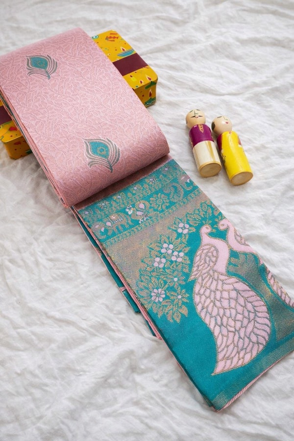 Peacock Pallu Banarasi Soft Silk Saree with Peacock Feather Buttas in Eleven Colourways  in Surat