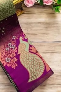 Peacock Pallu Banarasi Soft Silk Saree with Peacock Feather Buttas in Eleven Colourways  in Surat