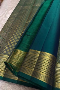 Peacock Teal Banarasi Soft Silk Saree with All-Over Zari Motifs and Gold Temple Border  in Surat