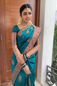 Peacock Teal Banarasi Soft Silk Saree with Contrast Copper Zari Border and Pallu  in Surat