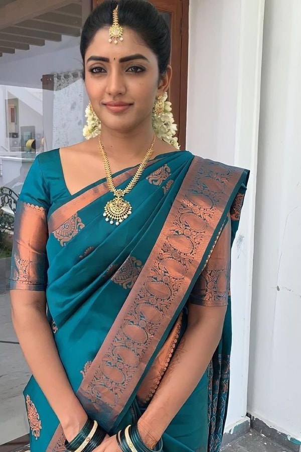 Peacock Teal Banarasi Soft Silk Saree with Contrast Copper Zari Border and Pallu  in Surat