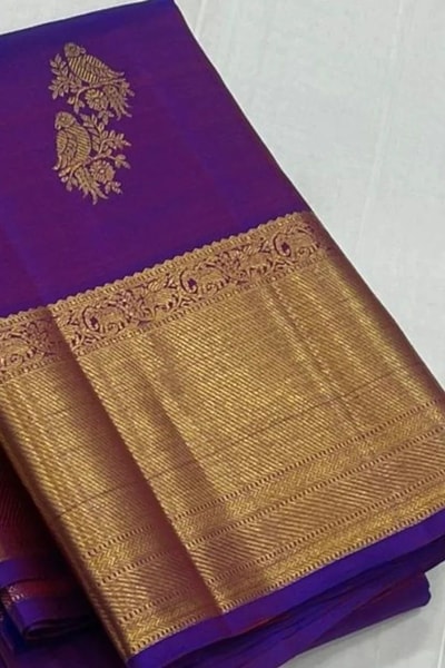 Peacock Zari Butta Banarasi Soft Silk Saree with Heavy Gold Pallu in Violet Blue and Red in Surat