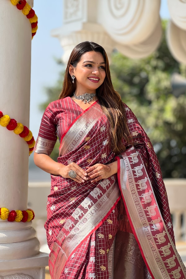 Pichwai Concept Soft Silk Saree with Elephant, Unicorn and Peacock Zari Motifs in Seven Shades  in Surat