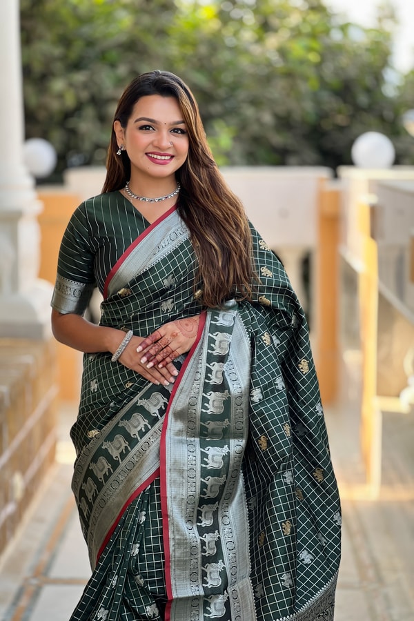 Pichwai Concept Soft Silk Saree with Elephant, Unicorn and Peacock Zari Motifs in Seven Shades  in Surat