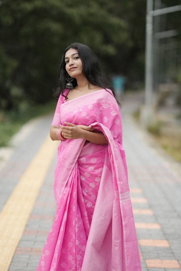 Pink Saree with Tonal Woven Floral Jaal and Soft Textured Finish for Day Functions  in Surat