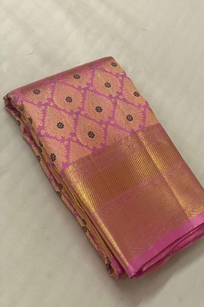 Pink and Purple Banarasi Soft Silk Saree with Zari Jacquard Jaal and Broad Gold Border in Surat