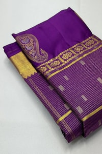 Pinstripe Checks Banarasi Soft Silk Saree with Paisley Zari Border in Purple and Bottle Green  in Surat