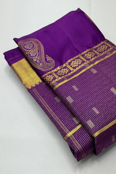 Pinstripe Checks Banarasi Soft Silk Saree with Paisley Zari Border in Purple and Bottle Green in Surat