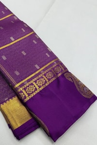 Pinstripe Checks Banarasi Soft Silk Saree with Paisley Zari Border in Purple and Bottle Green  in Surat