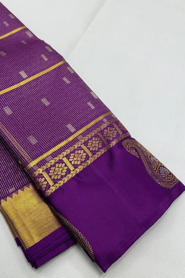 Pinstripe Checks Banarasi Soft Silk Saree with Paisley Zari Border in Purple and Bottle Green  in Surat