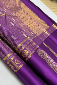 Pinstripe Checks Banarasi Soft Silk Saree with Paisley Zari Border in Purple and Bottle Green  in Surat