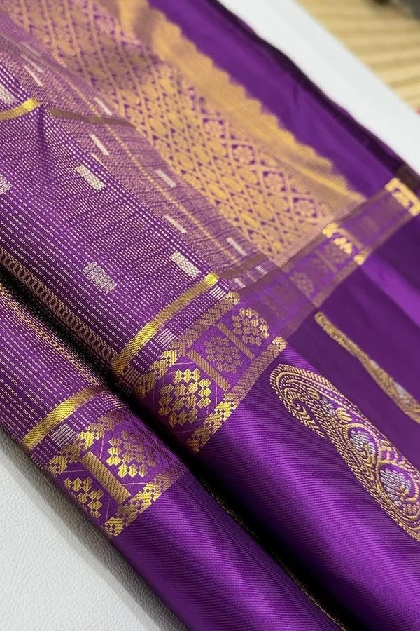 Pinstripe Checks Banarasi Soft Silk Saree with Paisley Zari Border in Purple and Bottle Green  in Surat