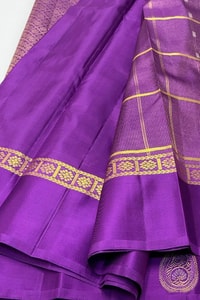 Pinstripe Checks Banarasi Soft Silk Saree with Paisley Zari Border in Purple and Bottle Green  in Surat