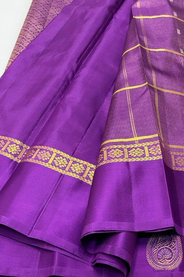 Pinstripe Checks Banarasi Soft Silk Saree with Paisley Zari Border in Purple and Bottle Green  in Surat