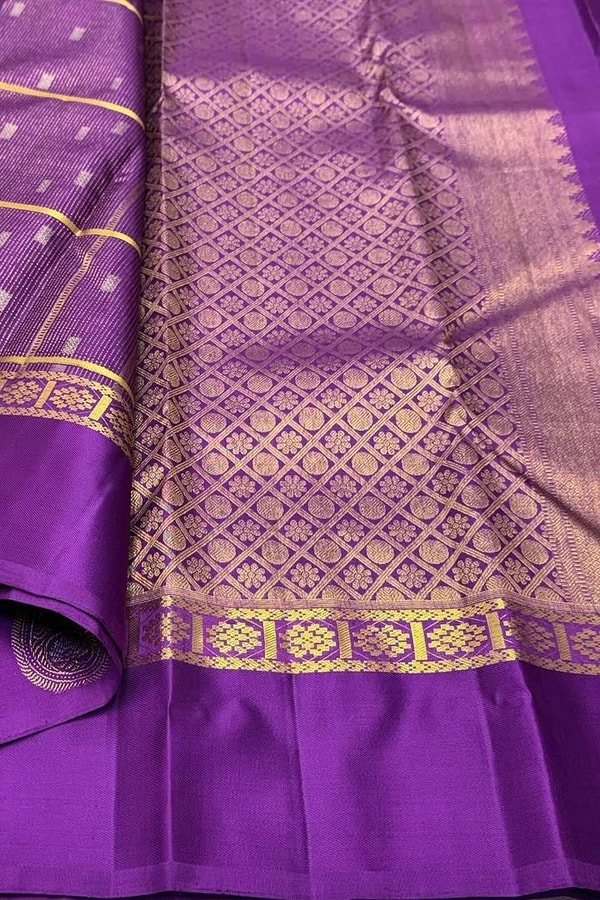 Pinstripe Checks Banarasi Soft Silk Saree with Paisley Zari Border in Purple and Bottle Green  in Surat