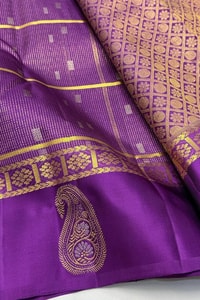 Pinstripe Checks Banarasi Soft Silk Saree with Paisley Zari Border in Purple and Bottle Green  in Surat