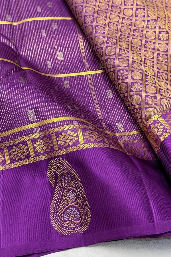 Pinstripe Checks Banarasi Soft Silk Saree with Paisley Zari Border in Purple and Bottle Green  in Surat