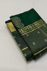 Pinstripe Checks Banarasi Soft Silk Saree with Paisley Zari Border in Purple and Bottle Green  in Surat